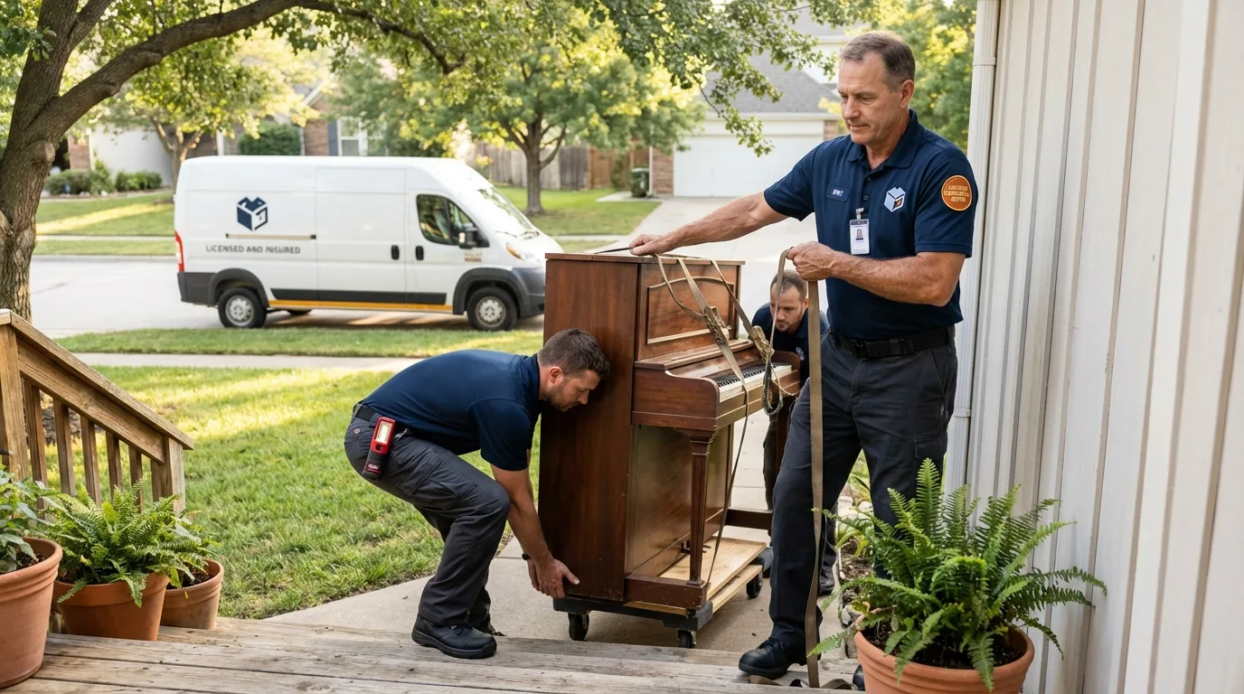 Licensed piano movers securing grand piano in Berlin, NJ