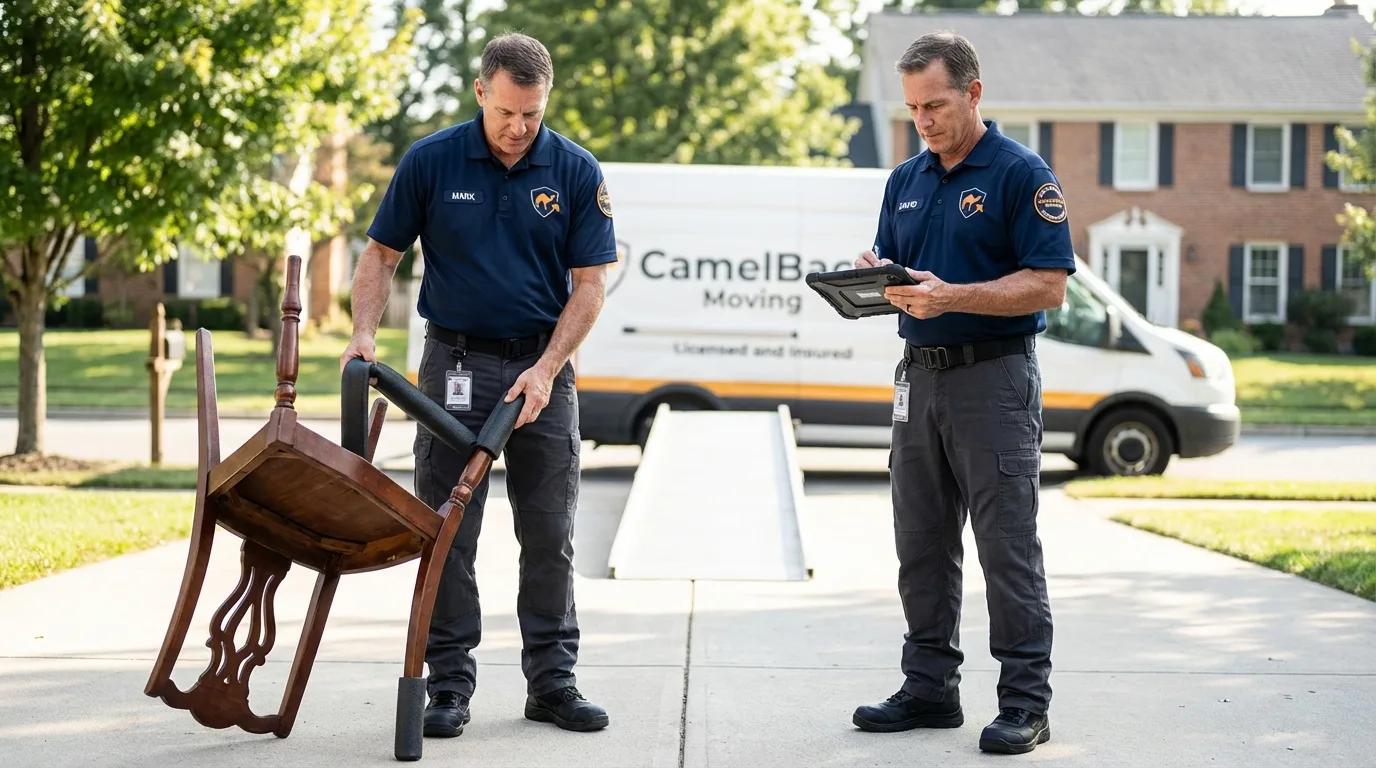 Movers inspecting furniture for damage prevention before loading in Berlin, NJ